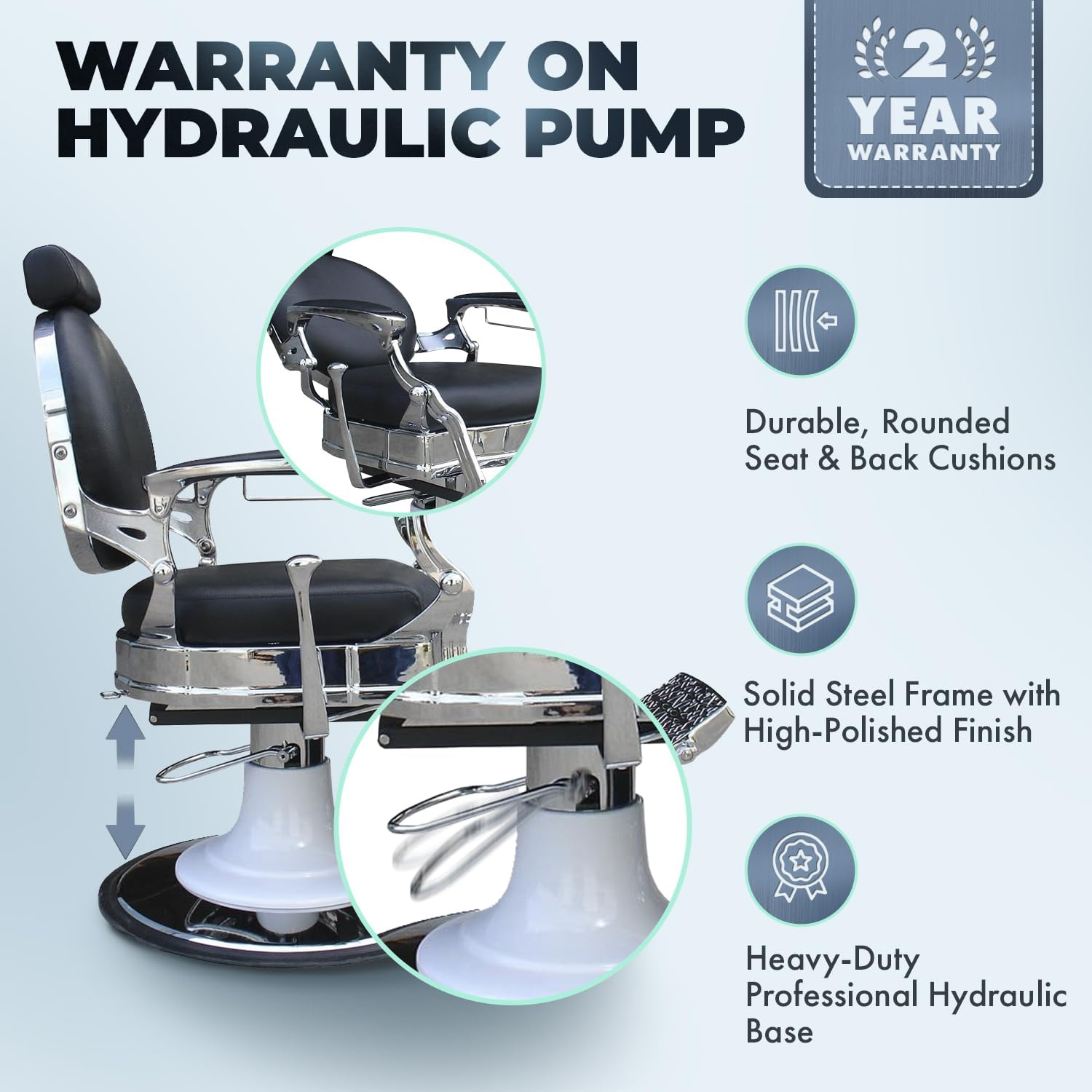 Buy-Rite Capone Professional Vintage-Style Barber Chair for Barber Shops, Durable, Rounded Seat & Back Cushions, Adjustable & Removable Headrest, Old Fashioned Hydraulic Base, YLG-8779