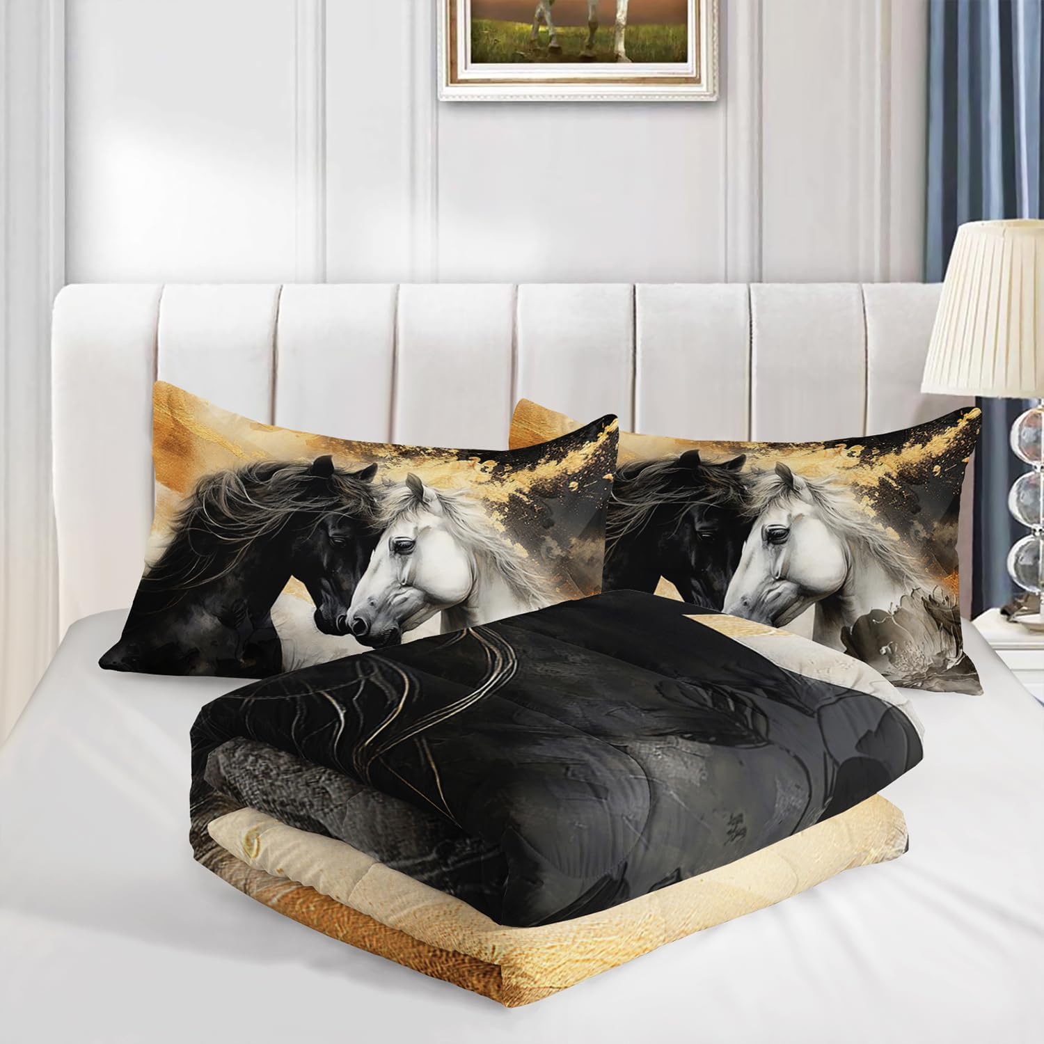 Black White Horses Comforter Set Full Size,Golden Ink Painting Flora Bedding Set for Kids and Adults Bedroom Horse Decor,Wild Animal Theme Art Aesthetics Comforter Set with 2 Pillowcases. - Image 4