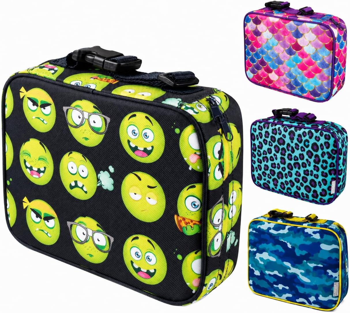 Bentology Lunch Bag and Box Set for Boys - Includes Insulated Sleeve with Handle, Bento Box, 5 Containers and Ice Pack - Emoji