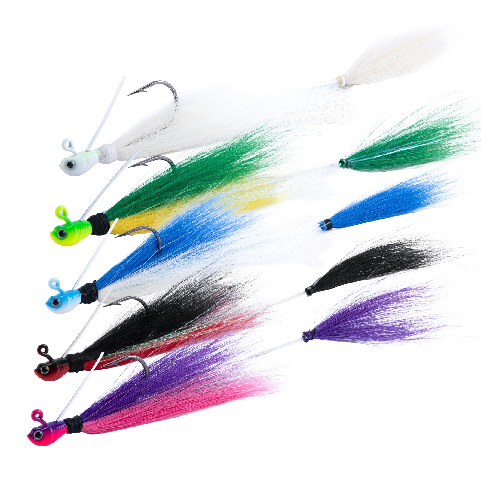 Goture Bucktail Jigs Saltwater, 5PCS 1/4oz, 1/2oz Hair Jig with Weed Guard, Bucktail Jig Heads Saltwater Freshwater Fishing Lures Surf Fishing, Hair Jigs for Walleye, Bass, Trout, Salmon