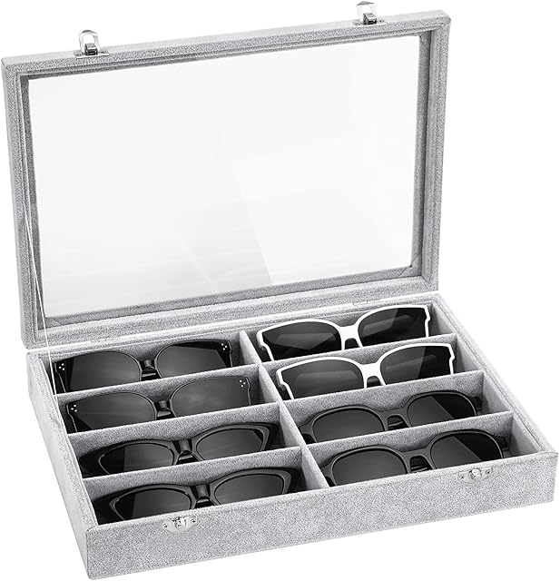 Emibele Glasses Organizer Jewelry Tray, 8 Grids with Clear Lid Velvet Tray Watch Storage Stackable Jewelry Showcase Display Storage with Detachable Inner Dividers - Grey