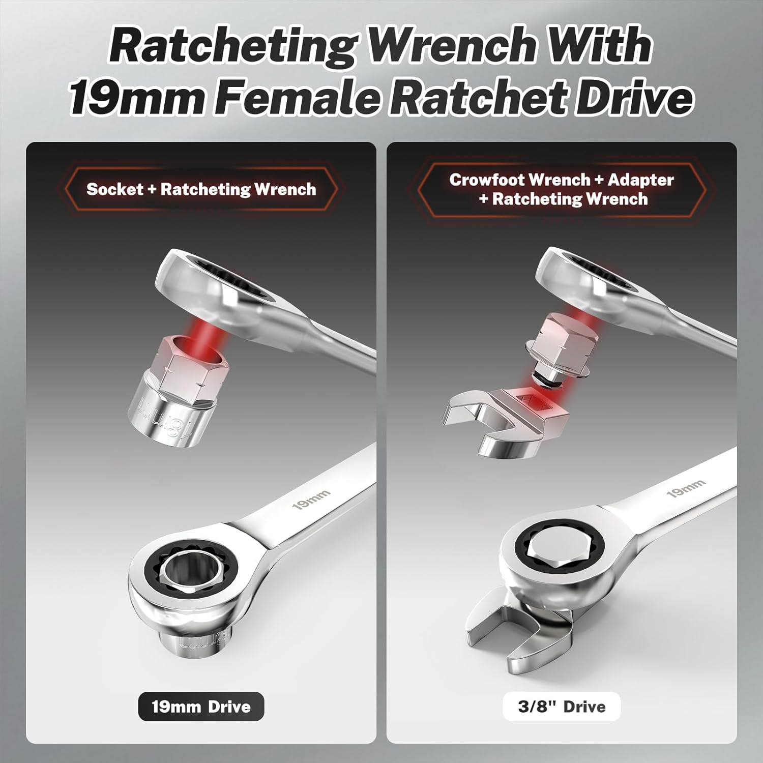 BILITOOLS 15-Piece Universal Serpentine Belt Tool Set,Belt Tensioner Tool Kit with Ratcheting Wrench, Crowfoot Wrenches, Socket Adapters.19 mm and 7/8'' ratchet drive.