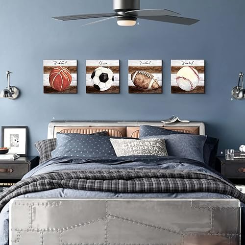 Miniatura 6 de Decoración de habitación de niños, arte de pared deportivo, fútbol, béisbol, baloncesto, lienzo, decoración deportiva para niños y niños, pintura