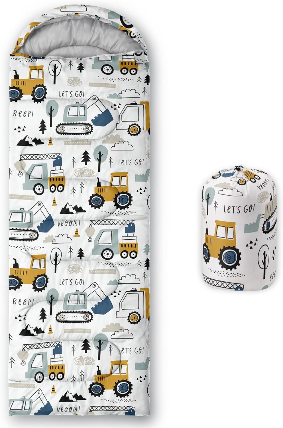 Kids Sleeping Bag for Boys Girls,Construction Truck Print-Lightweight Warm Portable Outdoor Indoor-Waterproof Cold Weather Resistant Sleeping Bag for Camping Hiking(Truck)