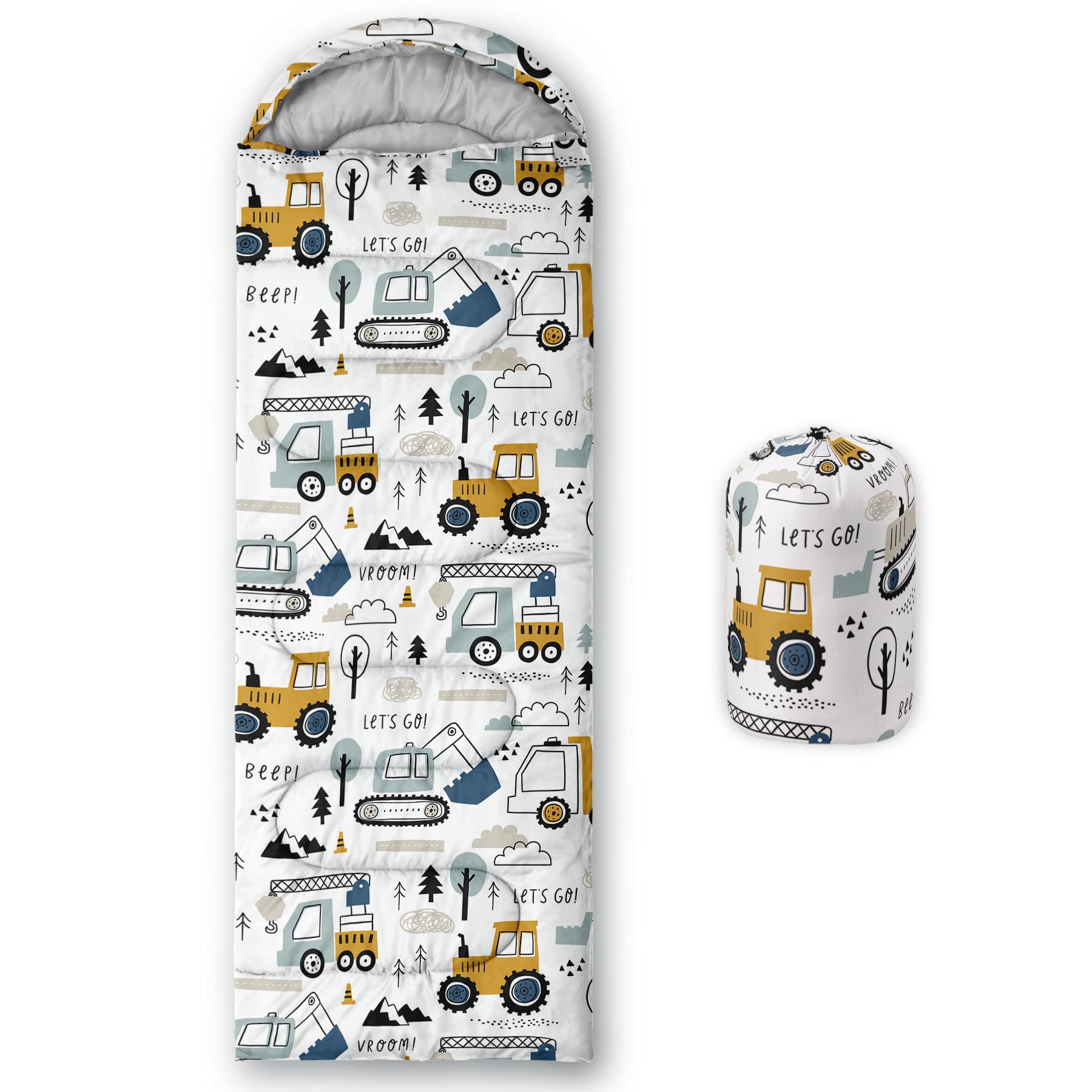 Datura home Kids Sleeping Bag for Boys Girls,Construction Truck Print-Lightweight Warm Portable Outdoor Indoor-Waterproof Cold Weather Resistant Sleeping Bag for Camping Hiking(Truck)