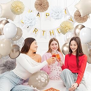 Rabbmall Birthday Decorations for Women White Sand Champagne Gold Party Decor Supplies Including Happy Birthday Banner Confetti Latex Nude Balloon Foil Balloon and Ribbon