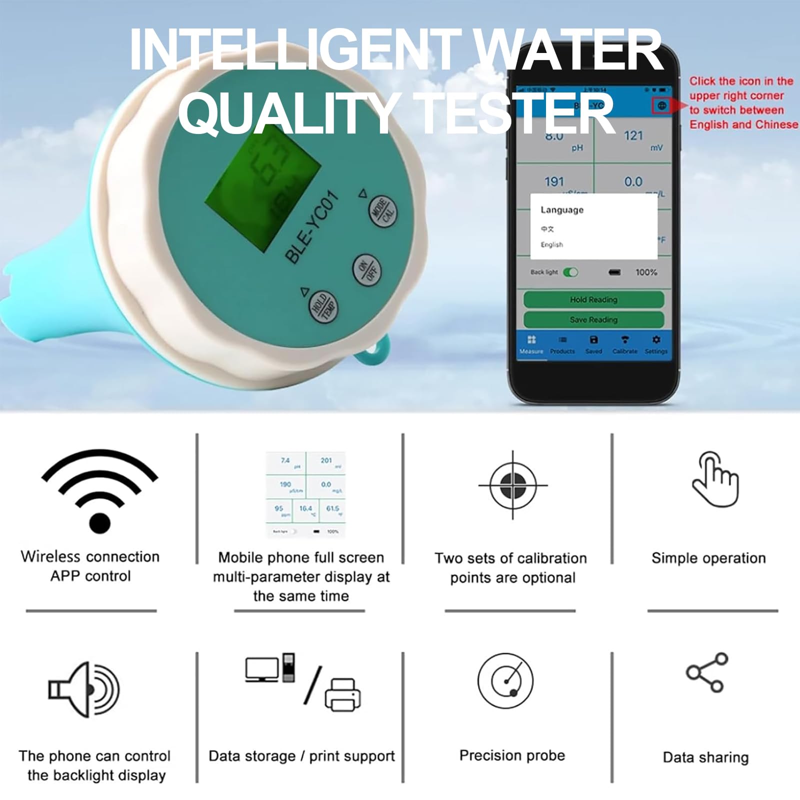 Tester di qualità dell'acqua 6 in 1 con calibrazione automatica, connessione app e archiviazione dati, misura pH, CL, CE, TDS, ORP e temperatura per acquario, acqua potabile e piscina