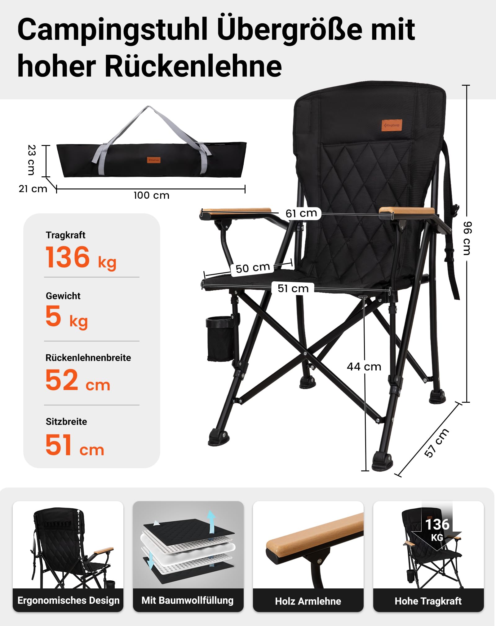 KingCamp Campingstuhl Faltbar bis 136 kg, mit Hoher Rückenlehne, Gepolstert | XXL Klappstuhl, mit Holzarmlehnen, Doppelte Polsterung, Getränkehalter, Tragetasche, für Camping, Garten & Angeln