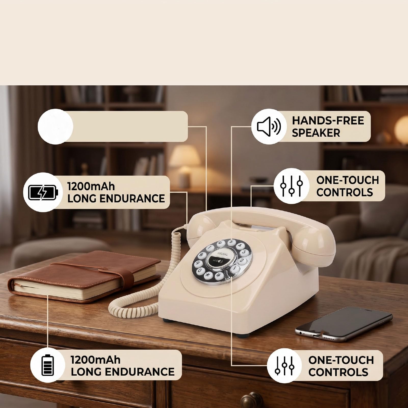Luocute Telefono Bluetooth retrò, Telefono Fisso Cordless con Ricevitore e Vivavoce per Ufficio Domestico, Chiamate in Vivavoce e Riproduzione Musicale Tramite Smartphone, Ricaricabile