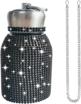 Bling Rhinestone 10 OZ Water Bottle with Lid and A Removable Chain, Stainless Steel Vacuum Flask, Leak Proof Insulated Thermal Tumbler Gift for Women Girls300ML-Black