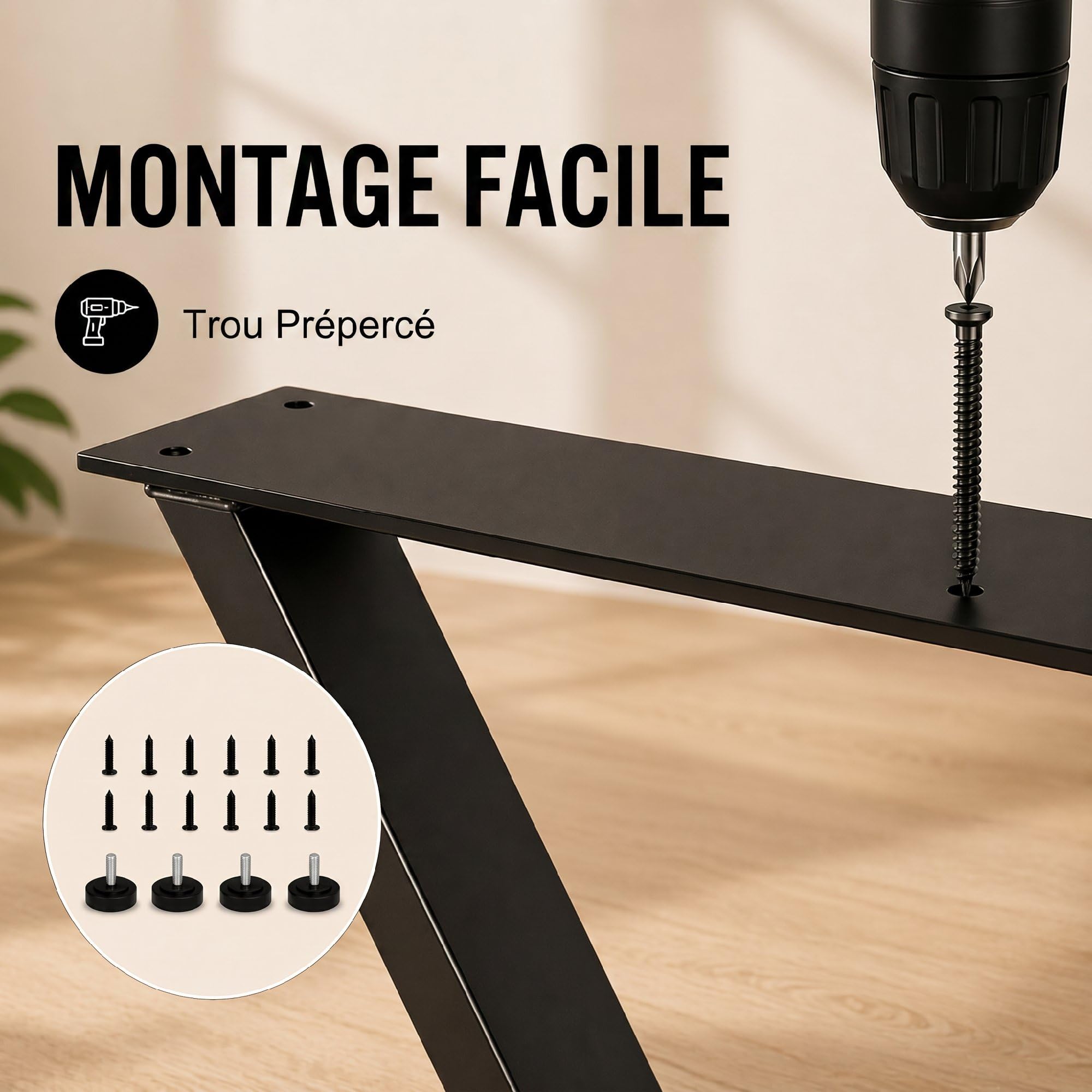HOMCOM Pieds de Table en Acier, 60 x 72 cm, Lot de 2 Pieds de Bureau en Forme X, Bricolage à Domicile, avec Patins Réglables et Vis, Style Industriel, Noir