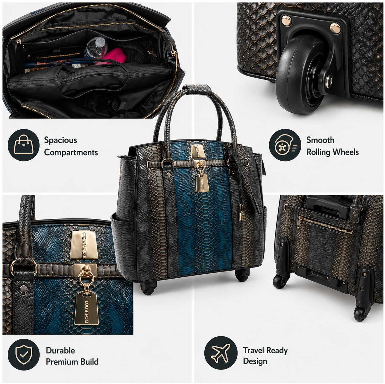 Rolling Laptop Bag for Women with Wheels & Handle Luxury Pure Leather Embossed Work Bag with Laptop Sleeve Travel Briefcase