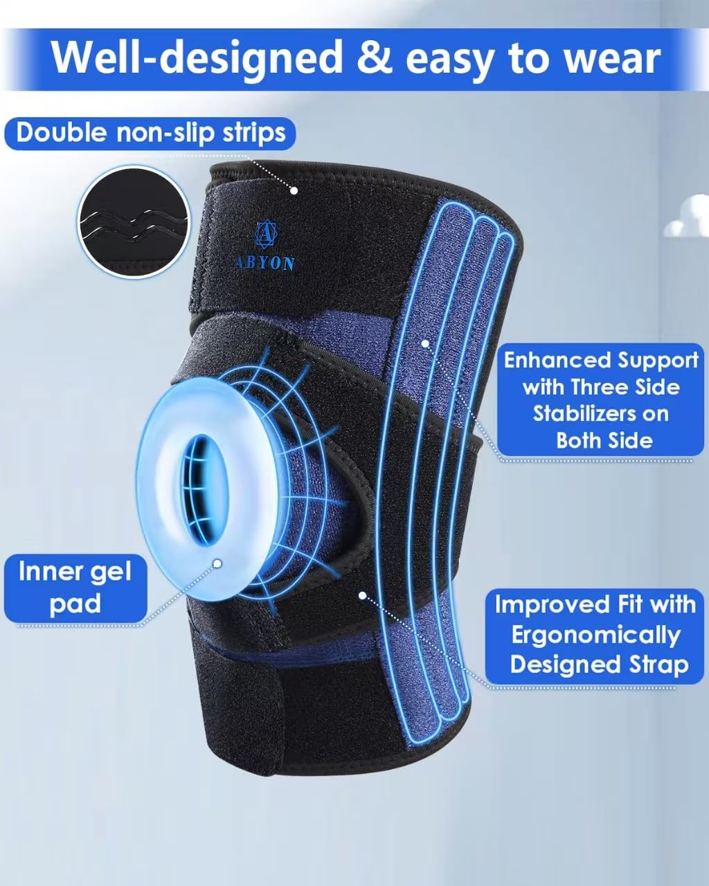 ABYON Knee Brace for Men & Women Meniscus Tear, ACL, Arthritis, Knee Support with Triple Side Stabilizers and Adjustable 360° Wraparound Strap for Maximum Knee Pain Support and Fast Recovery - See How to Size Video Before Ordering XX-Large Black-Blue