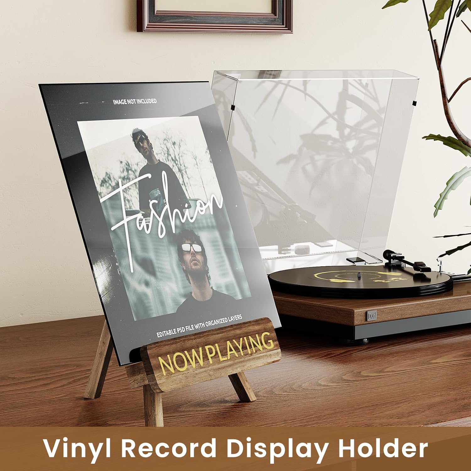NiHome Now Playing Retro Wood Vinyl Record Stand, Stylish Vinyl Display Holder Home Décor, Multifunctional Organizer for Albums, Records, Magazines and Photos (1PC)