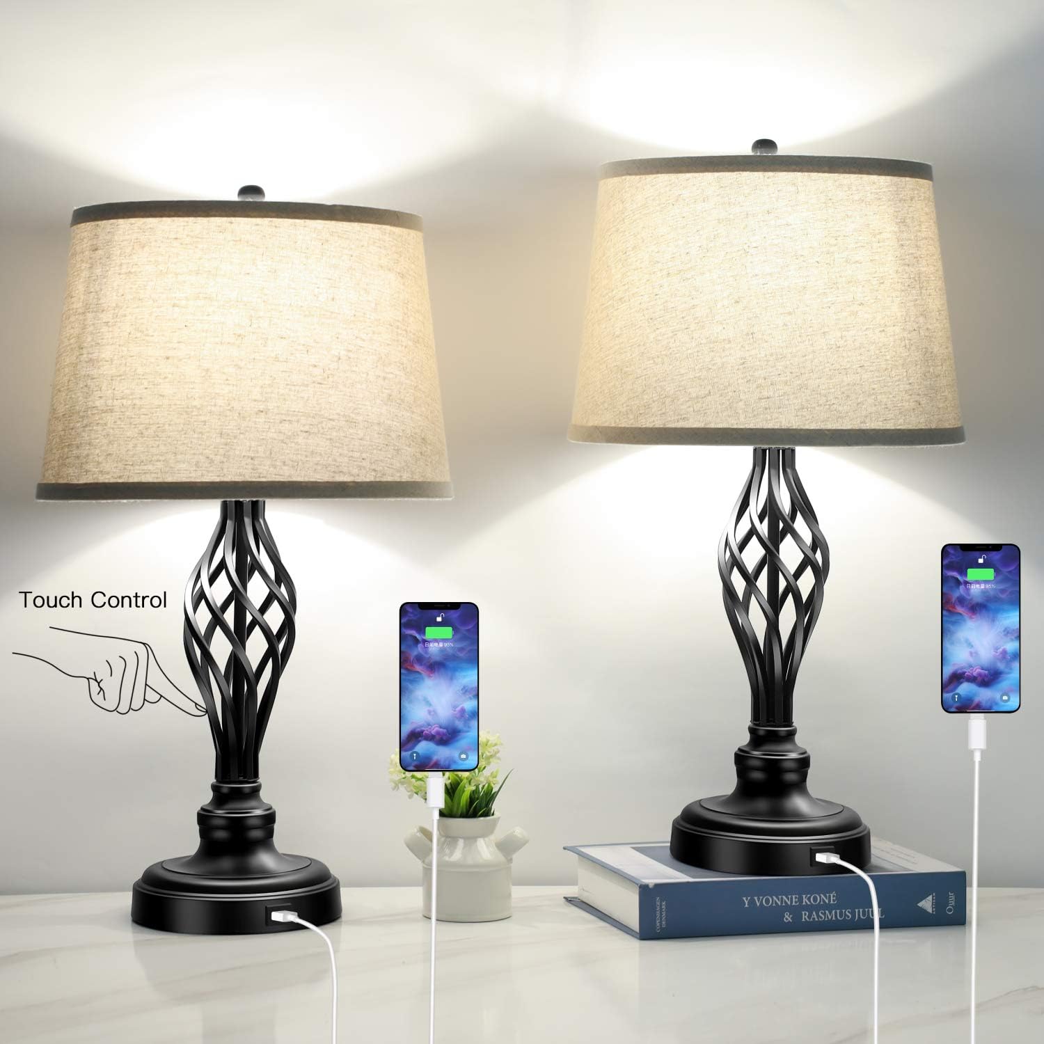 Weekly Top Sale Set of 2 Touch Control 3-Way Dimmable Table Lamp Nightstand Lamp with USB Port AC Outlet Bedside Desk Lamp with Fabric Shade for Living Room Bedroom, Daylight White Bulbs Included