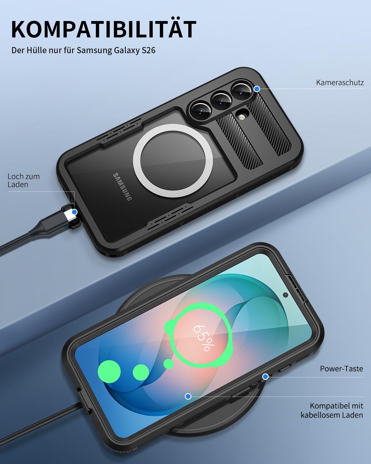für Samsung Galaxy S26 5G Hülle Wasserdicht Kompatibel mit Magsafe, HandyHülle für Samsung S26 IP68 wasserdichte 360 Schutzhülle,Stoßfest Outdoor Panzerhülle mit Displayschutz,Schwarz