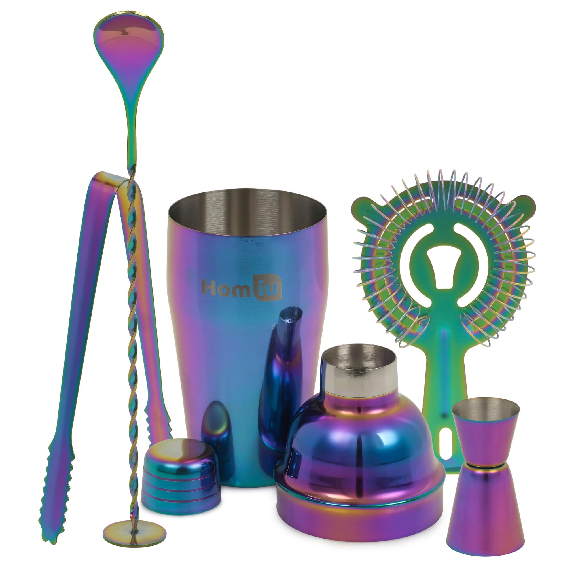 Homiu Rainbow Cocktail Set Iridescent 6 Piece Includes Stainless Steel 550Ml Cocktail Shaker Single Or Double Shot Jigger Strainer Ice Tong And Bar Spoon (Cocktail Set)