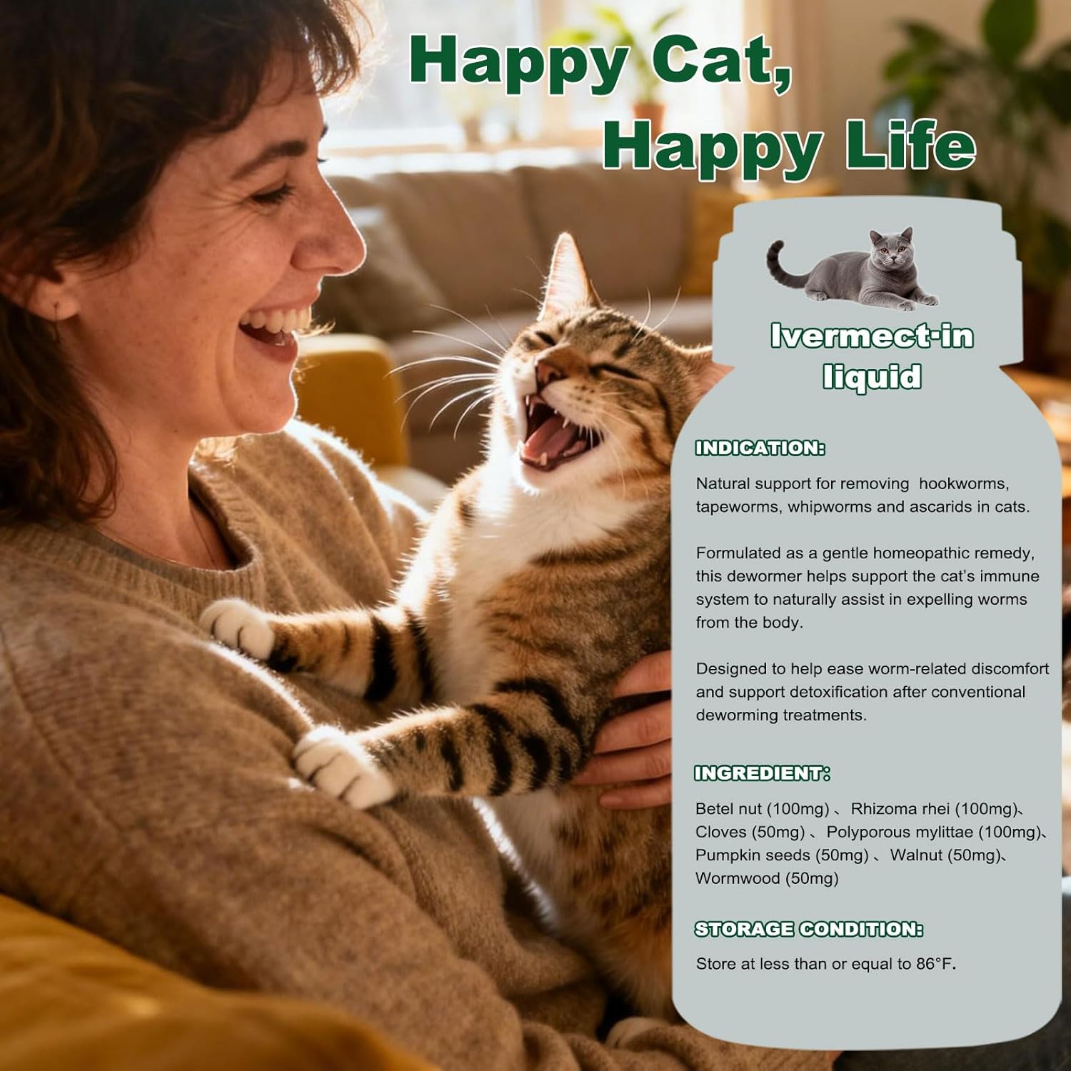 Liquid Dewormer for Cats - Gentle Digestive Care, Broad Spectrum Support for Tapeworms, Roundworms & Hookworms, 120ml