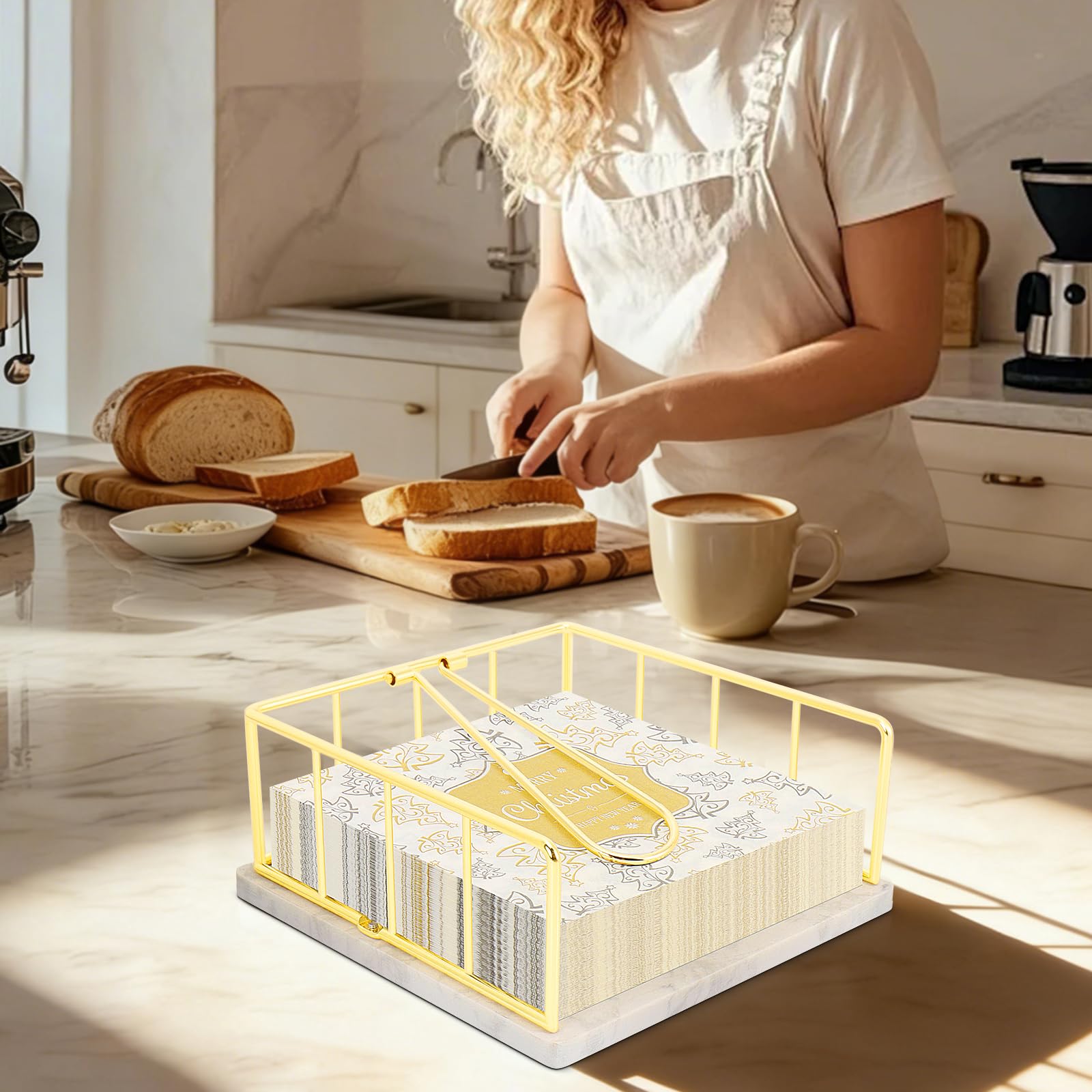 Livabber Servilletero plano con base de mármol, servilletero de cocina de metal con brazo de tensión pesado, dispensador de papel de seda rústico para encimera, mesa, cocina, comedor (dorado)