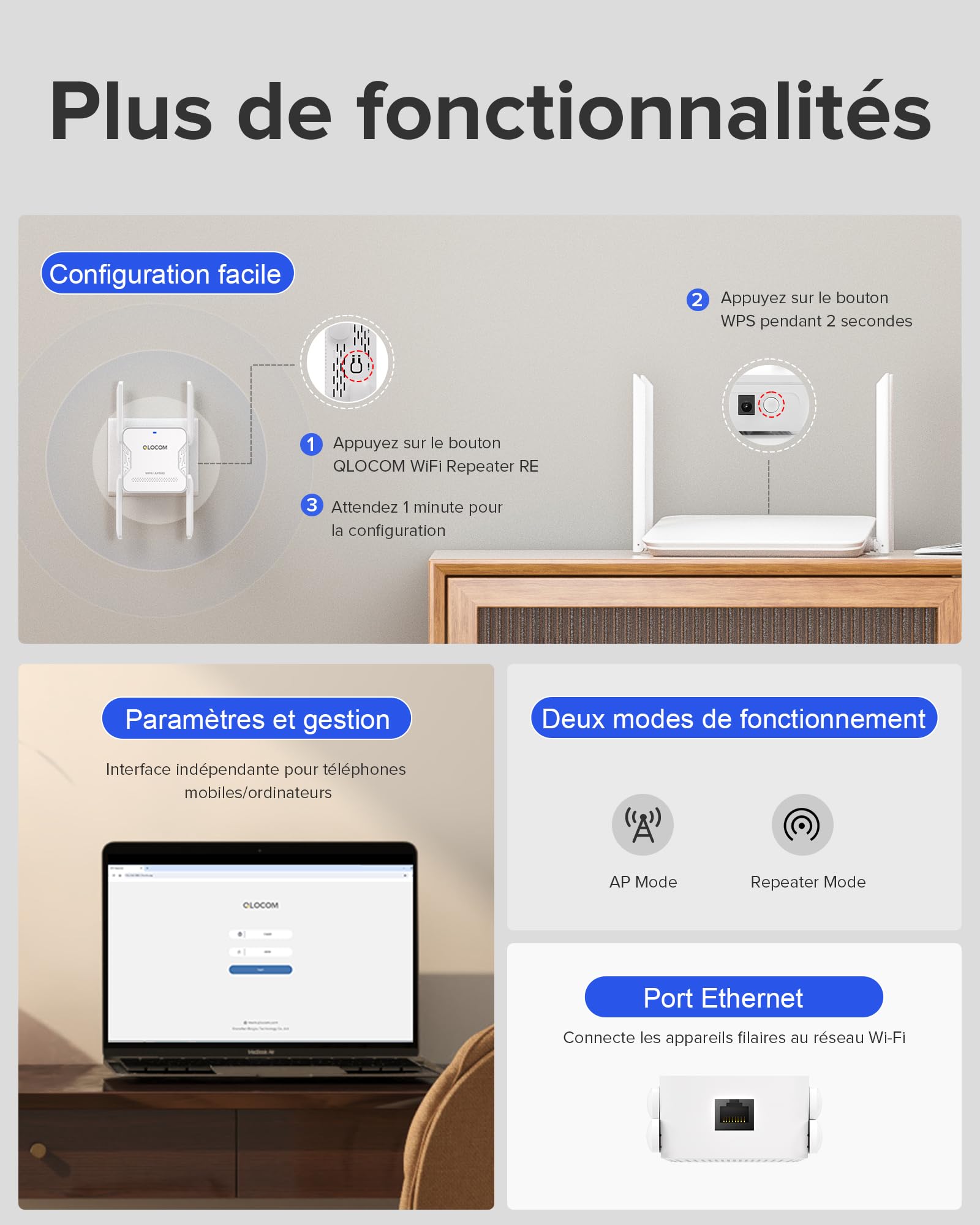 2026 Nouveau Répéteur WiFi Puissant AX1500 WiFi 6, Amplificateur WiFi sans Fil Double Bande 5GHz & 2.4GHz avec Port Ethernet, WiFi Extender Compatible avec Toutes Les Box Internet