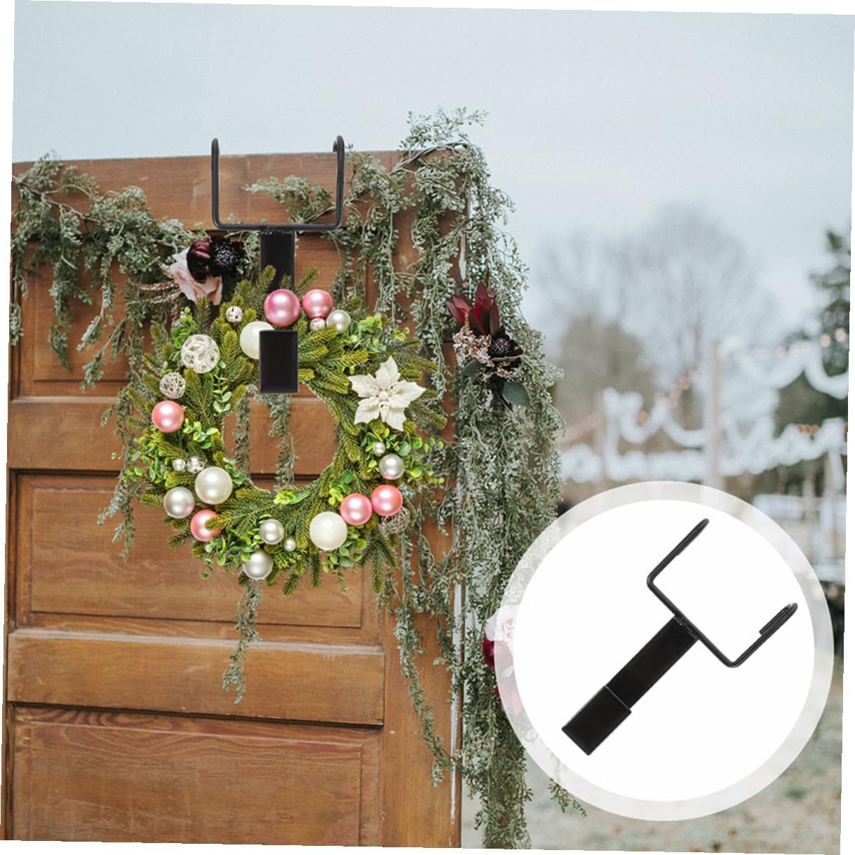 4pcs Black Over-The-Door Wreath Hangers Cast Iron Door Hooks for Christmas Garland Front Door Decorative Holiday Hanging