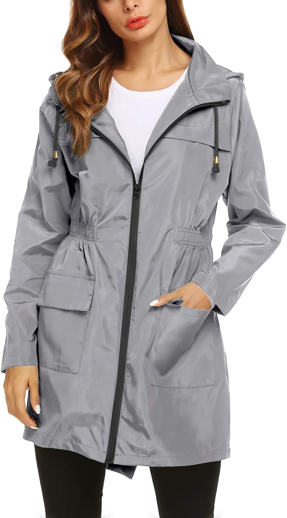 ZHENWEI Womens' Waterproof Lightweight Raincoat Hooded Outdoor Hiking Long Rain Jacket