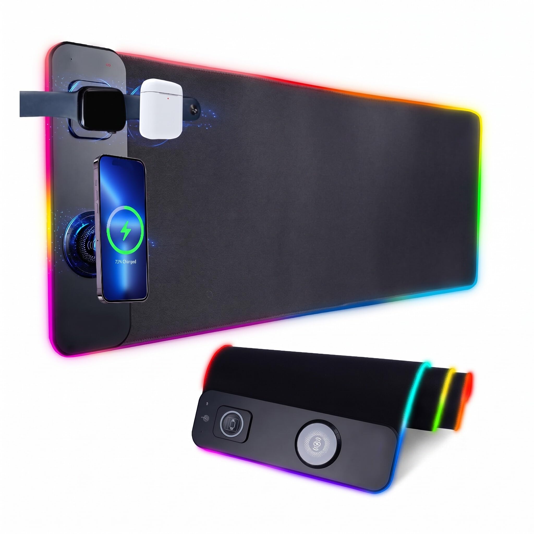 Tappetino Mouse Gaming RGB, Ricarica Wireless 15W Qi Veloce, Base in Gomma Antiscivolo, LED, per PC e Laptop