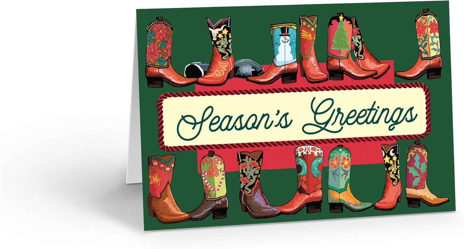 Stonehouse Collection Custom Cowboy Boot Christmas Cards, Personalized Western Holiday Card, Southwerst Season's Greetings, 24 Cards and 24 envelopes - Made in the USA (Personalized)