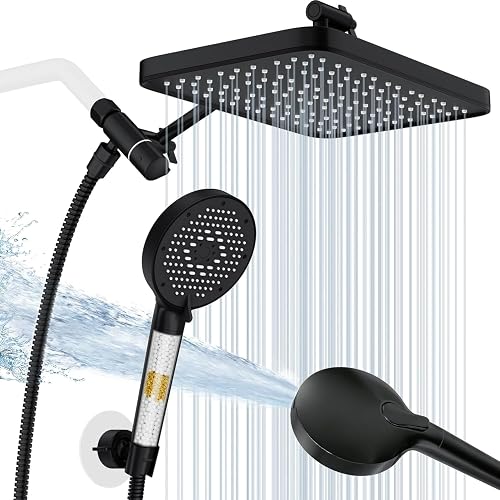 12 Inch Wide Rain Shower Head with Filtered Handheld Combo, High Pressure Rainfall Shower Head, 9 Spray Modes Handheld with 9-Inch Extension Arm, Comes with Filter Removes Chlorine(Black)