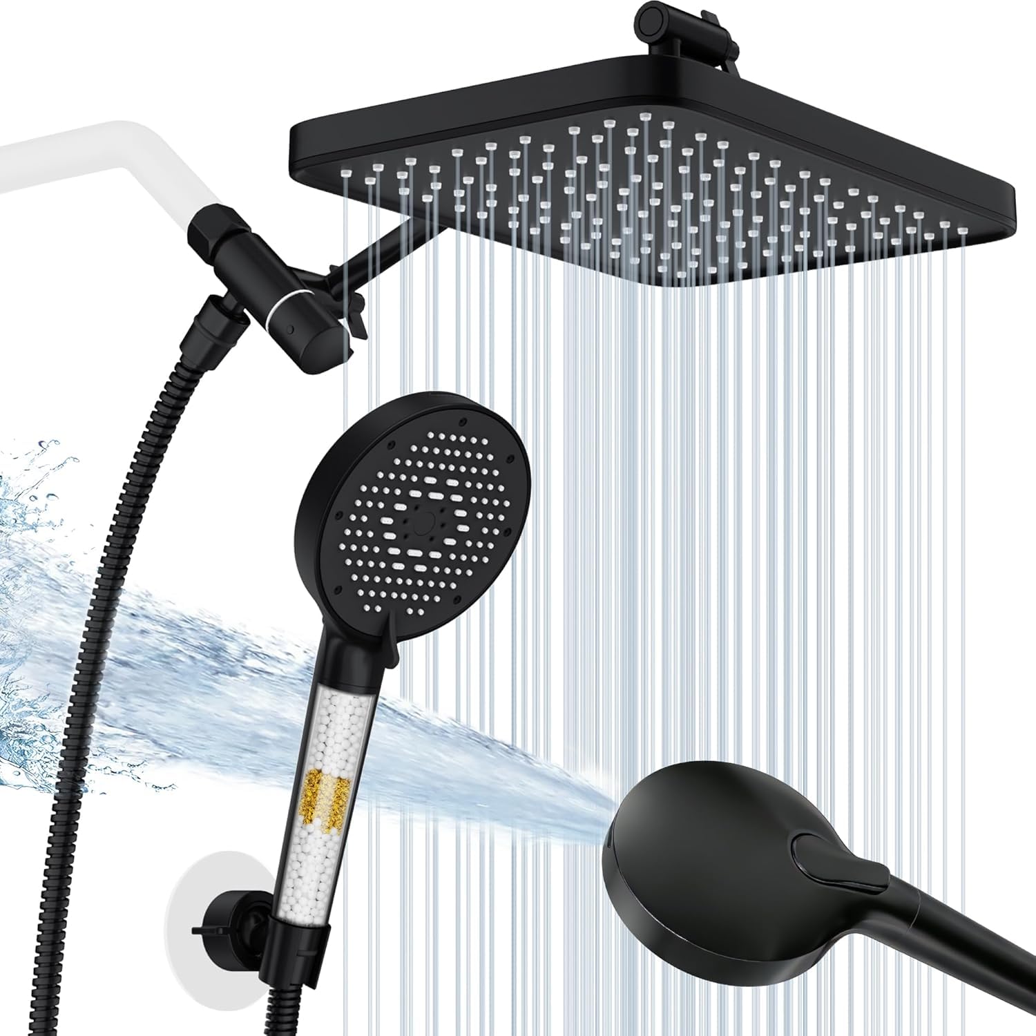 Photo 1 of 12 Inch Wide Rain Shower Head with Filtered Handheld Combo, High Pressure Rainfall Shower Head, 9 Spray Modes Handheld with 9-Inch Extension Arm, Comes with Filter Removes Chlorine(Black)