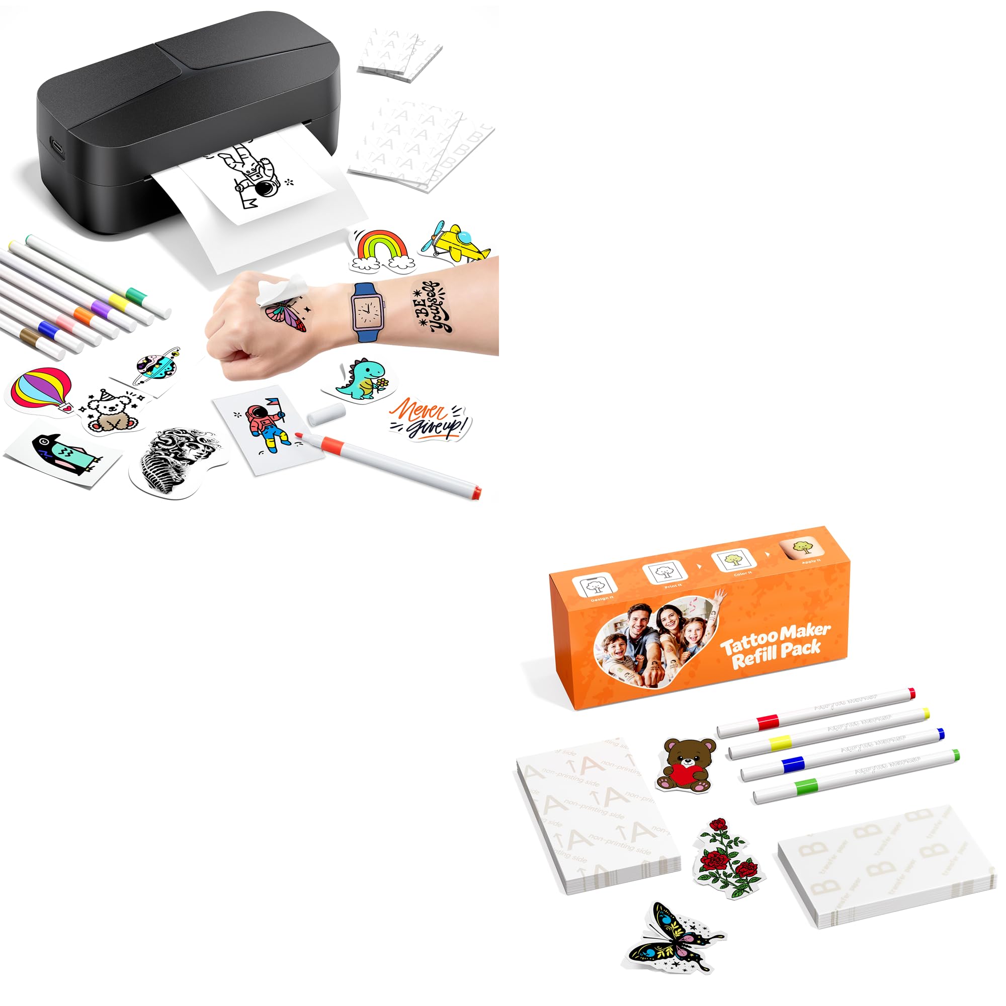 Phomemo TK32 Temporärer Tattoo Maker für Kinder, Temporary Tattoos Maschine Set mit 90 Papieren & 12 Markern, Kinder Tattoo für Malsets, Kunst & Basteln, Lernspielzeug für ab 6-8+ Jahren Geschenke