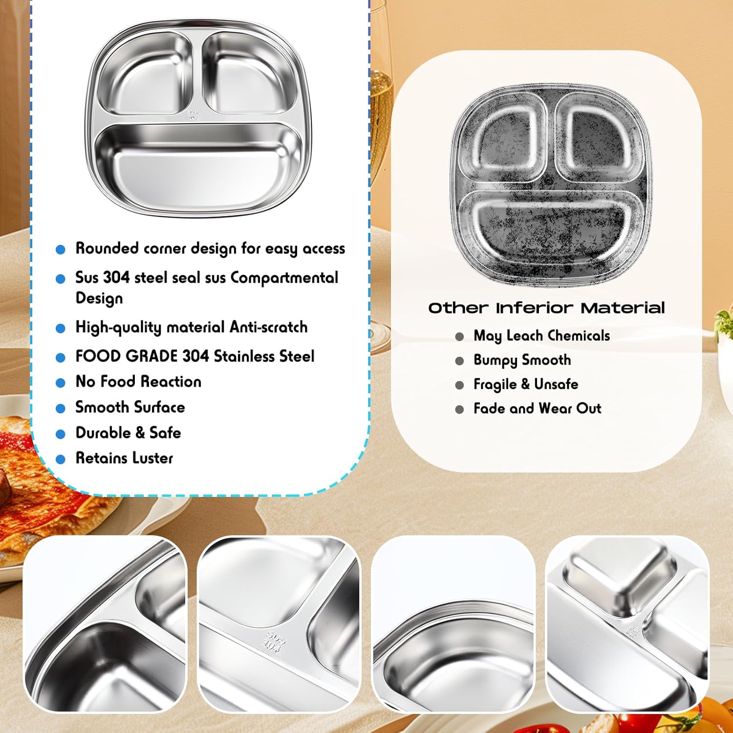 Jinei 8 Pack Stainless Steel Kids Plates Metal Toddler Plate with Lids Portion Control Plate with 3-compartment, Non Toxic Unbreakable Divided Food Tray for Camping, Lunch and Dinner(Clear) - Image 3