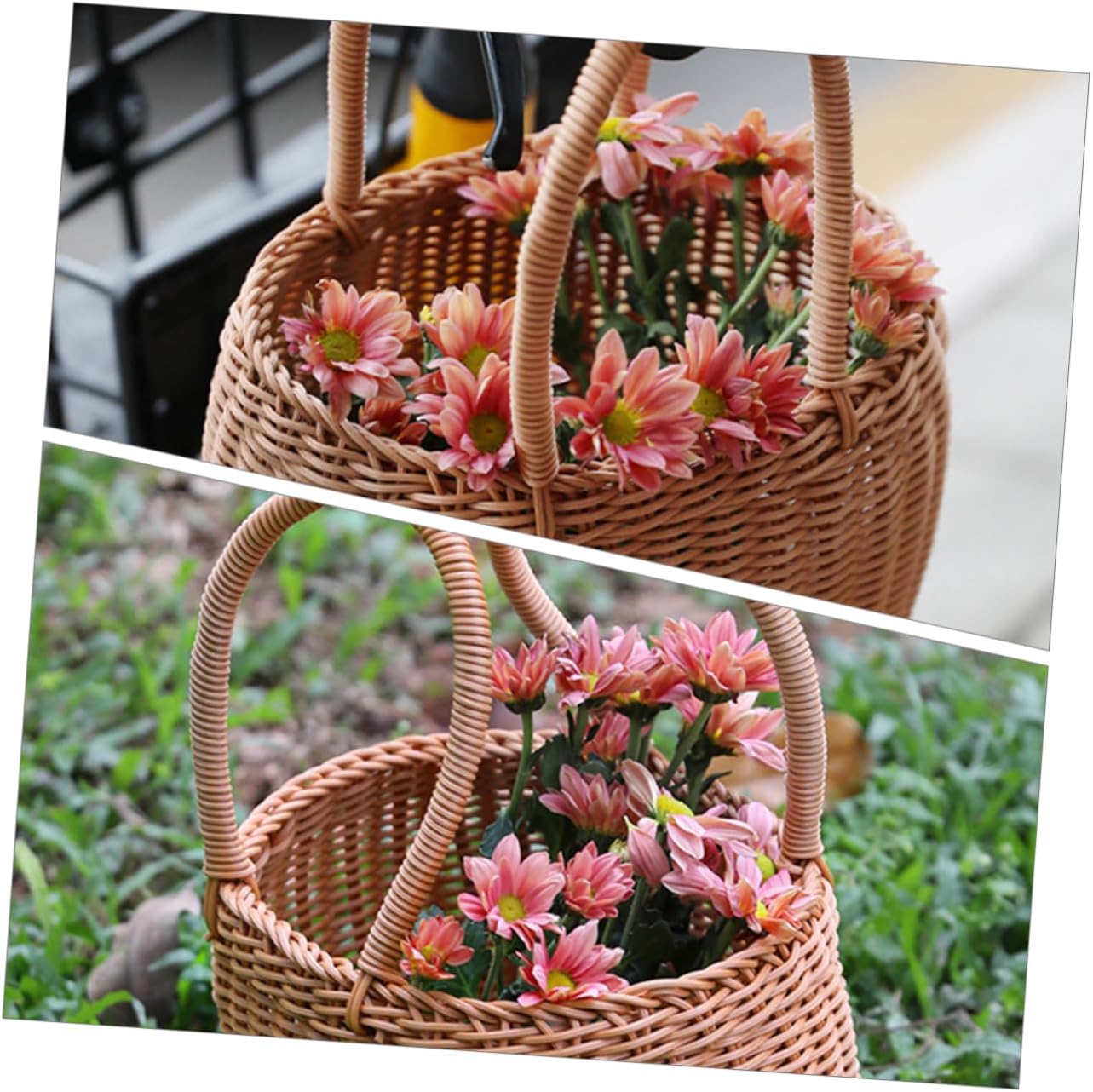 Generic Handmade Woven Storage Basket Picnic Basket with Handle Flower Woven Basket Fruit Basket Decorative Home Accessory