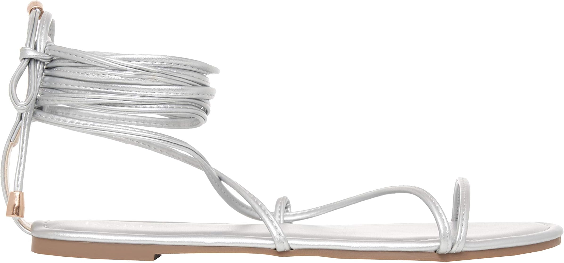 Rohb By Joyce Azria Getty Strappy Lace Up Gladiator Flat Summer Sandal (Silver Vegan Leather) Size 7.5