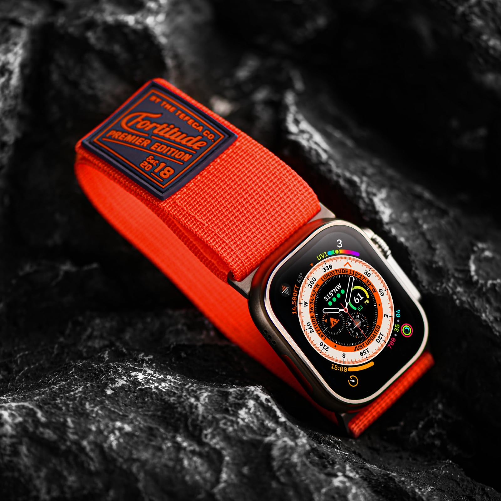 Tefeca Fortitude Series Ultrawide Band Compatible with Apple Watch Ultra/Ultra2 Series 9/8/SE2/7/6/SE/5/4/3/2/1(Orange with Silver Adapters - Image 2