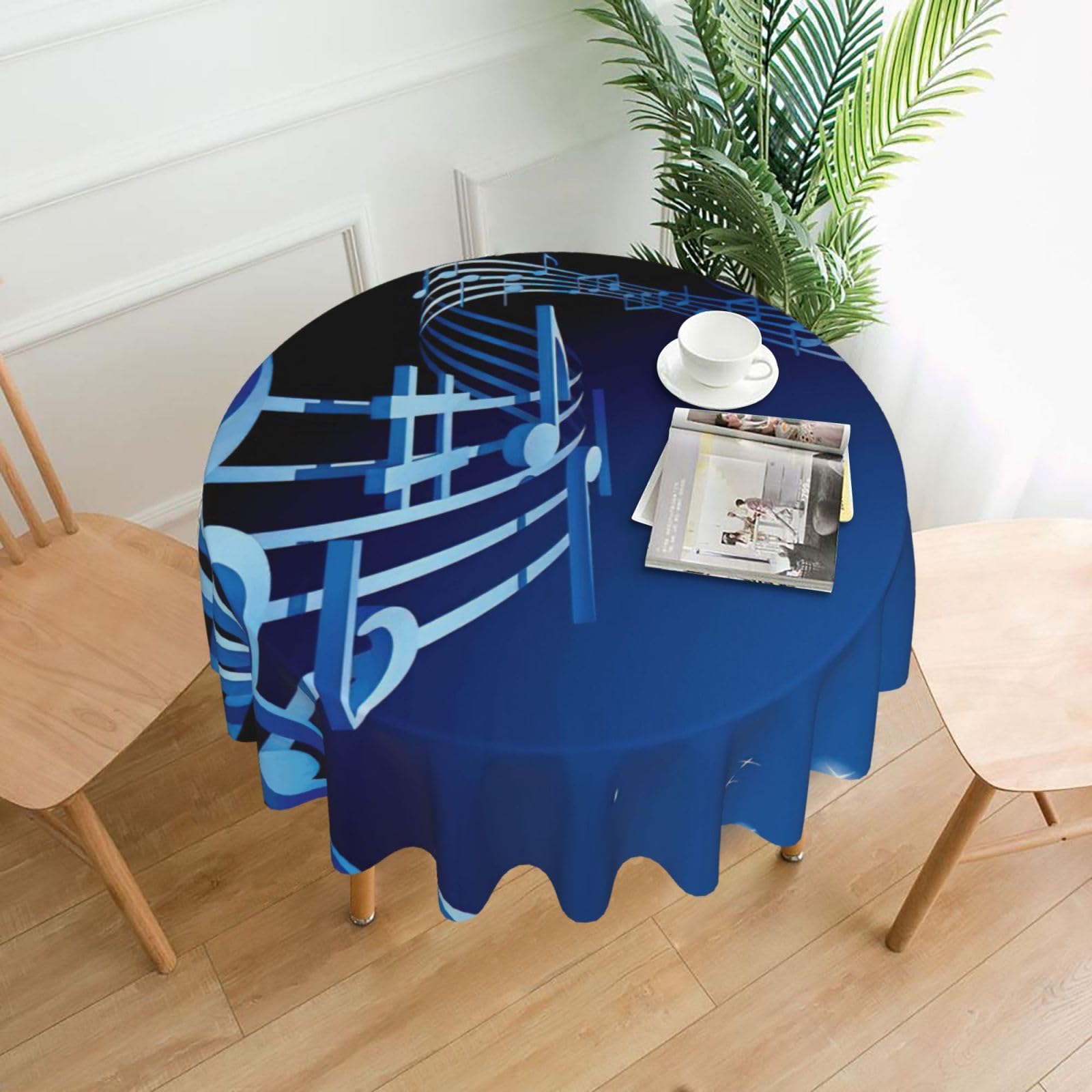 Uusnwaa Blue Music Print Round Tablecloth 60 Inch, Stain Wrinkle Resistant Washable Polyester Table Cover For Kitchen Party