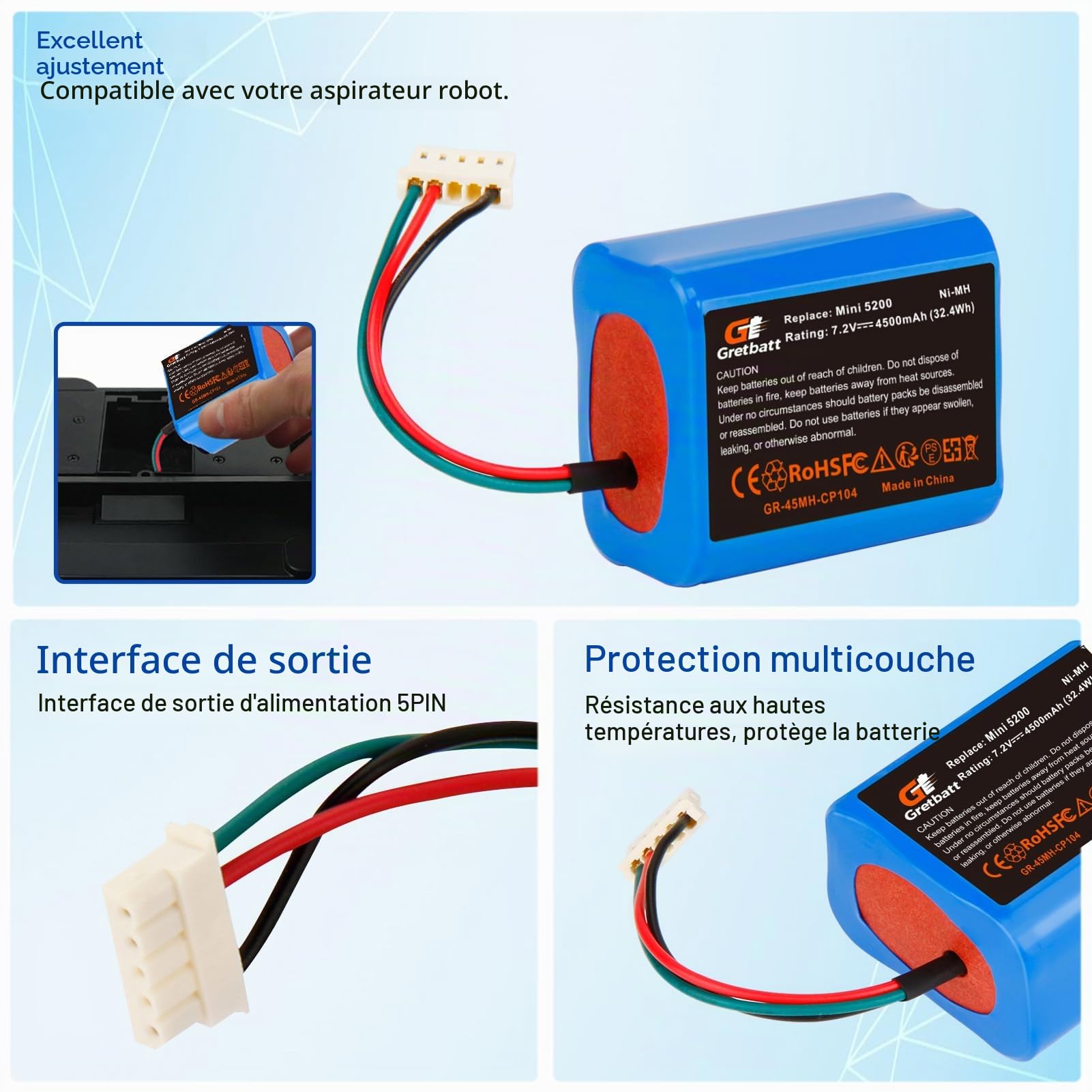 Batterie Rechargeable Ni-MH 7.2V 4500mAh, Batterie de Rechange pour IRobot Braava 380, 380T, 390T, Compatible avec Les Robots nettoyeurs Mint 5200, 5200B et 5200C.
