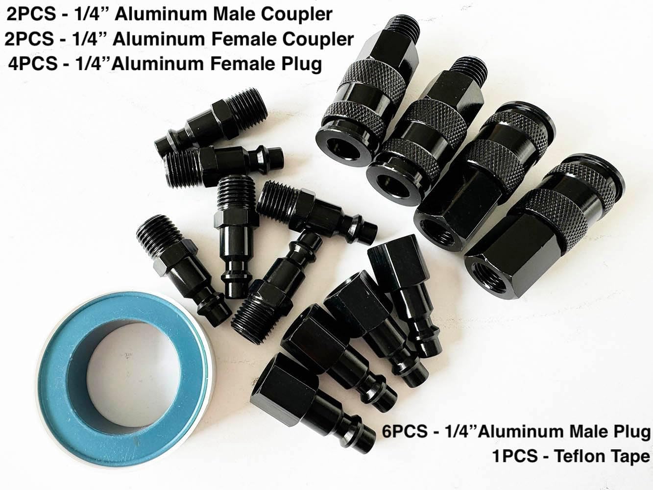 SANFU Air Hose Fittings, Aluminum AMT Universal Air Coupler Air Plug Kit, 1/4 Inch Threads Size, Lightweight, 15 Pieces Air Compressor Accessories Fittings Kit(Black)