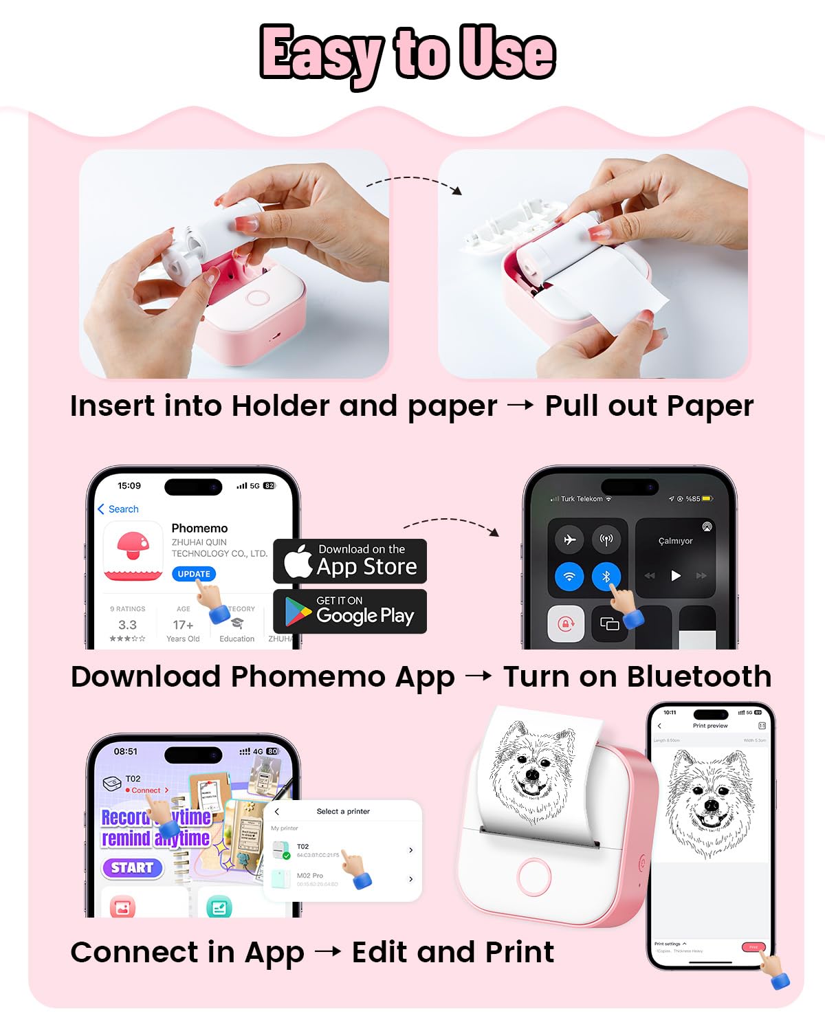 Phomemo T02 Mini Imprimante Portable Bluetooth Thermique pour iOS Android