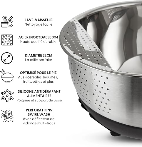 Yum Asia 304 Stainless Steel Rice Washing Bowl (22cm) with Silicone Base and Handle - 2