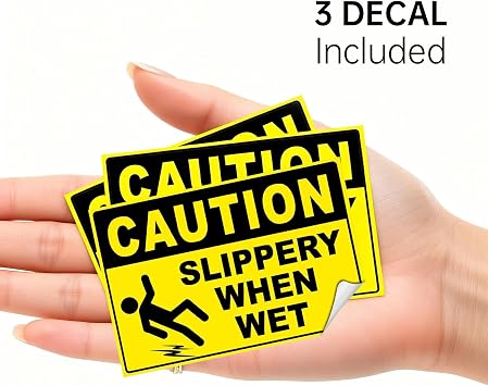 3 Pack 4x6 Inch Slippery When Wet Vinyl Stickers Wet Floor Warning Signs | Waterproof weatherproof vinyl, strong self-adhesive, fits smooth surfaces, for indoor outdoor commercial & home use