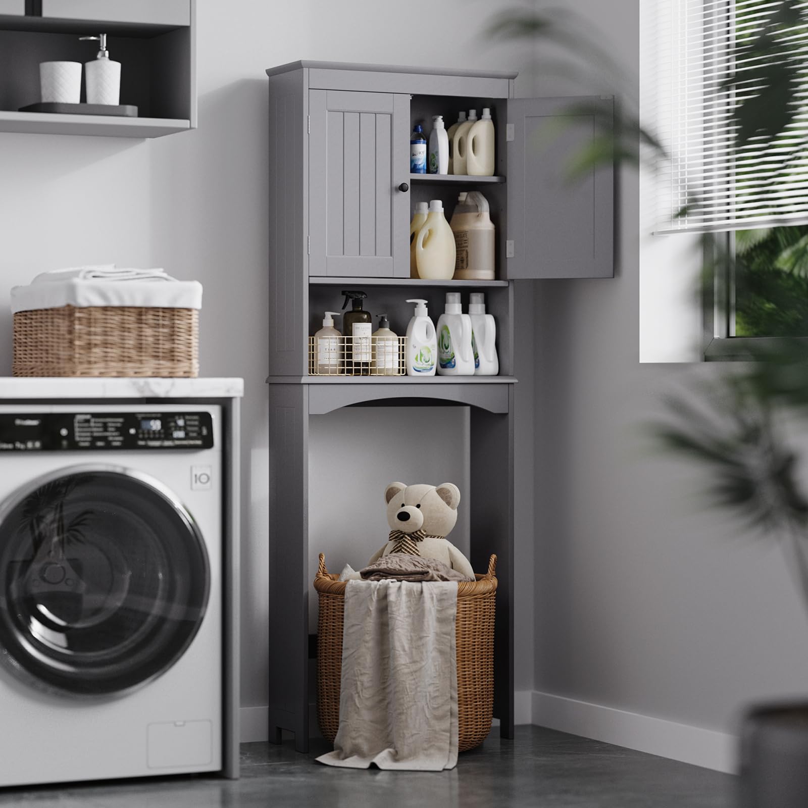 Bealife Toilettenregal, Regal über Toilette mit 3-stufigen verstellbaren Regalen, WC Überbauschrank Freistehend, Überbau Toilettenschrank mit Doppeltüren für Badezimmer (Grau)