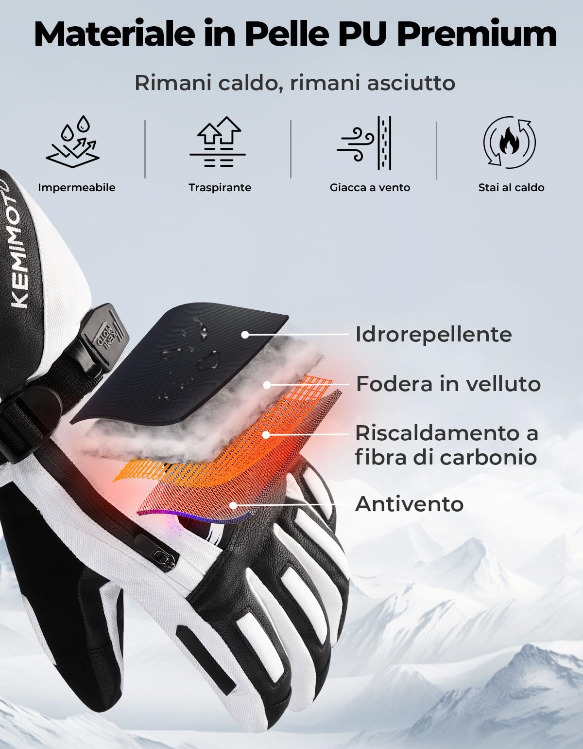 KEMIMOTO Guanti Riscaldati Uomo Donna con Protezione in EVA, Ricaricabili Guanti Invernali Termici da Sci con 7.4v 2500 mAh, Adatti da -20°C a -5°C, Ideali per Motoslitta Escursionismo Ciclismo