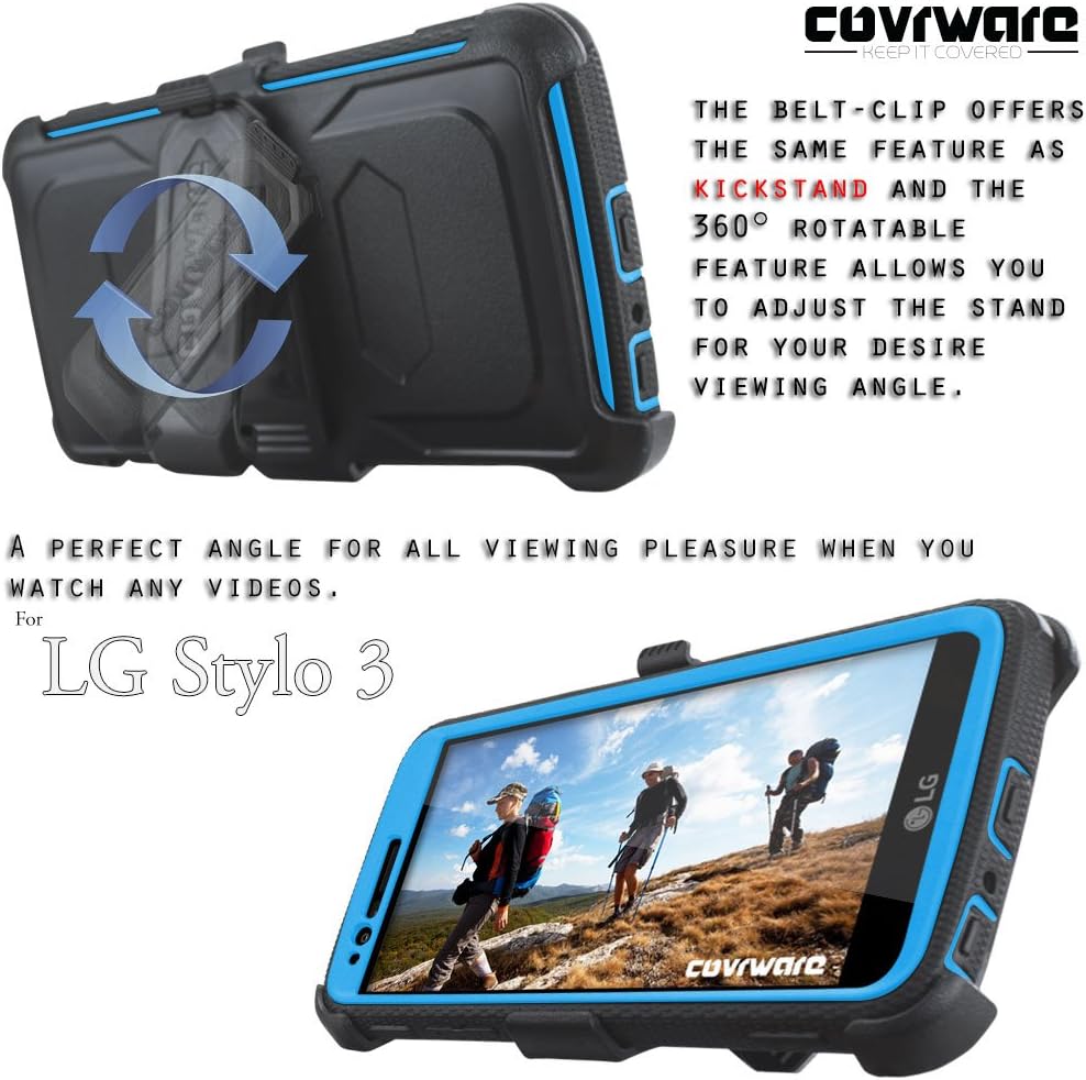 COVRWARE Iron Tank case Compatible with LG Stylo 3 / Stylo 3 Plus with Built-in Screen Protector Heavy Duty Full-Body Rugged Holster Armor Cover Brushed Metal Texture Design Belt Clip Kickstand, Blue