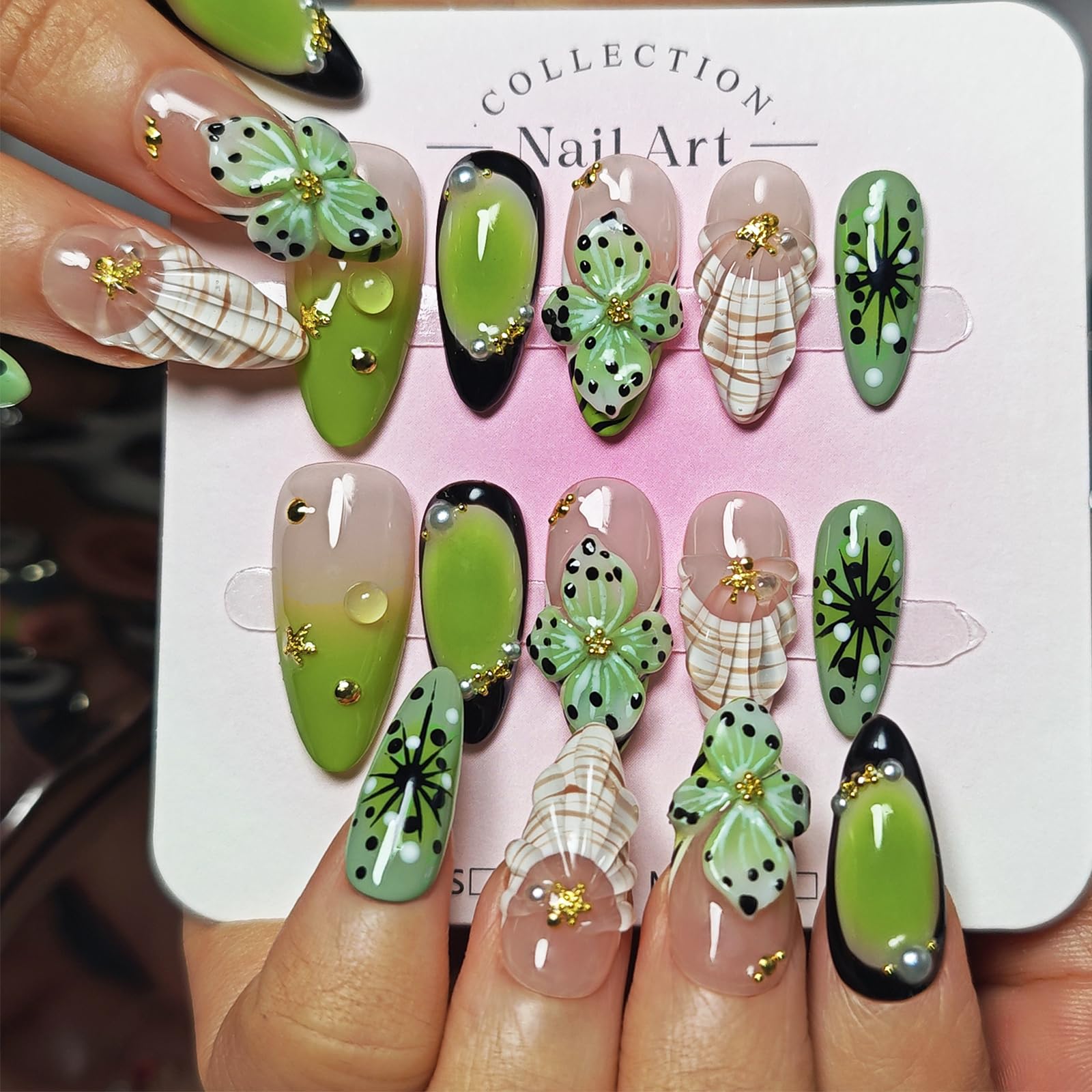 Handmade Acrylic Press On Nails Almond, 3D Press On Nails Medium, 3D Green Nails French Tip Flower Bubble Preal For Women Gift, Reusable Stick On Fake