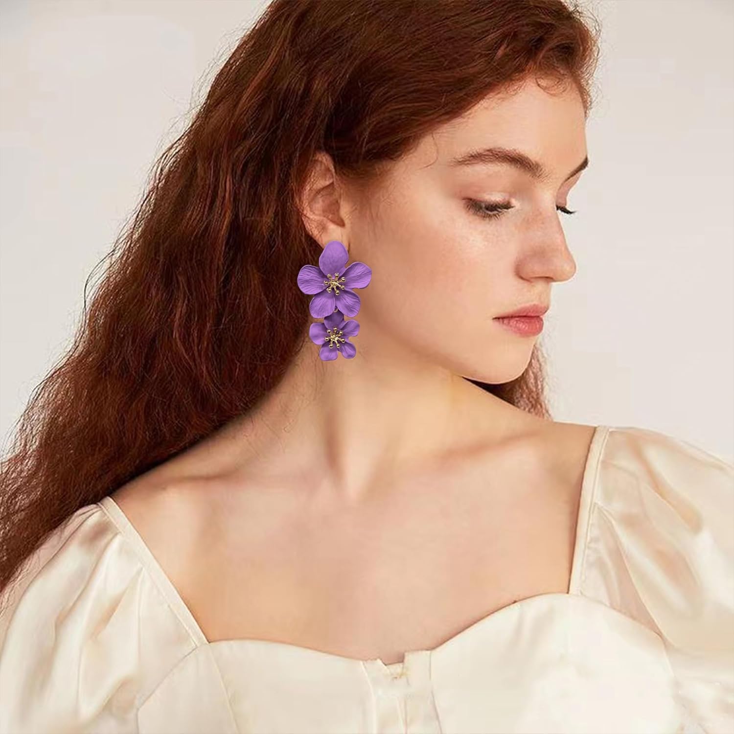 2 Pairs Chic Boho Flowers Double Metal Earrings Set,Petal Flower Statement Stud Earrings with Gold Flower Bud for Women Sister Mom Lover and Friends - Image 2