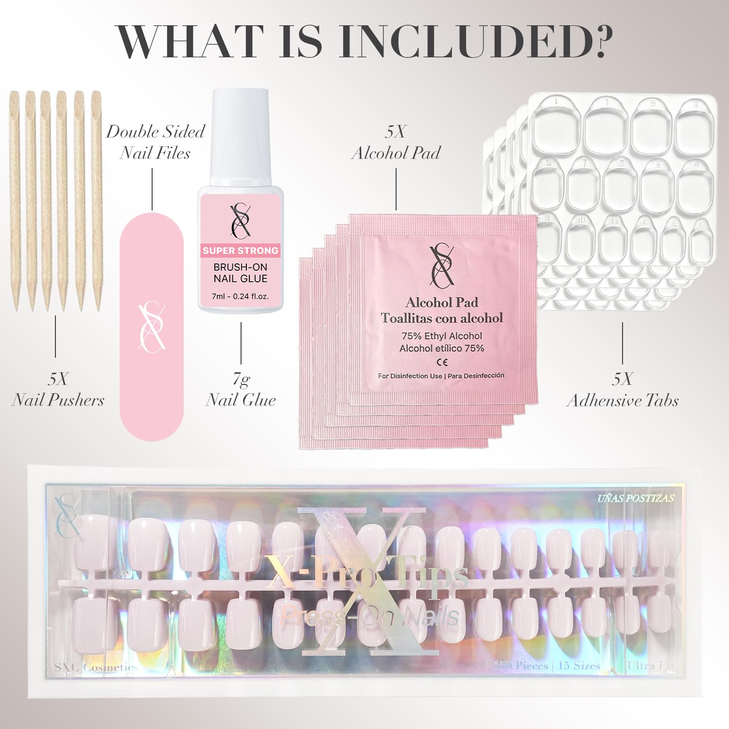 SXC Cosmetics Press On Nails - 002 Crisp Blanc | X5 Signature Series - XS Square X-Pro Tips Fake Nails, Salon Quality Nails 15 Sizes - 150 pieces Nail Kit with Glue