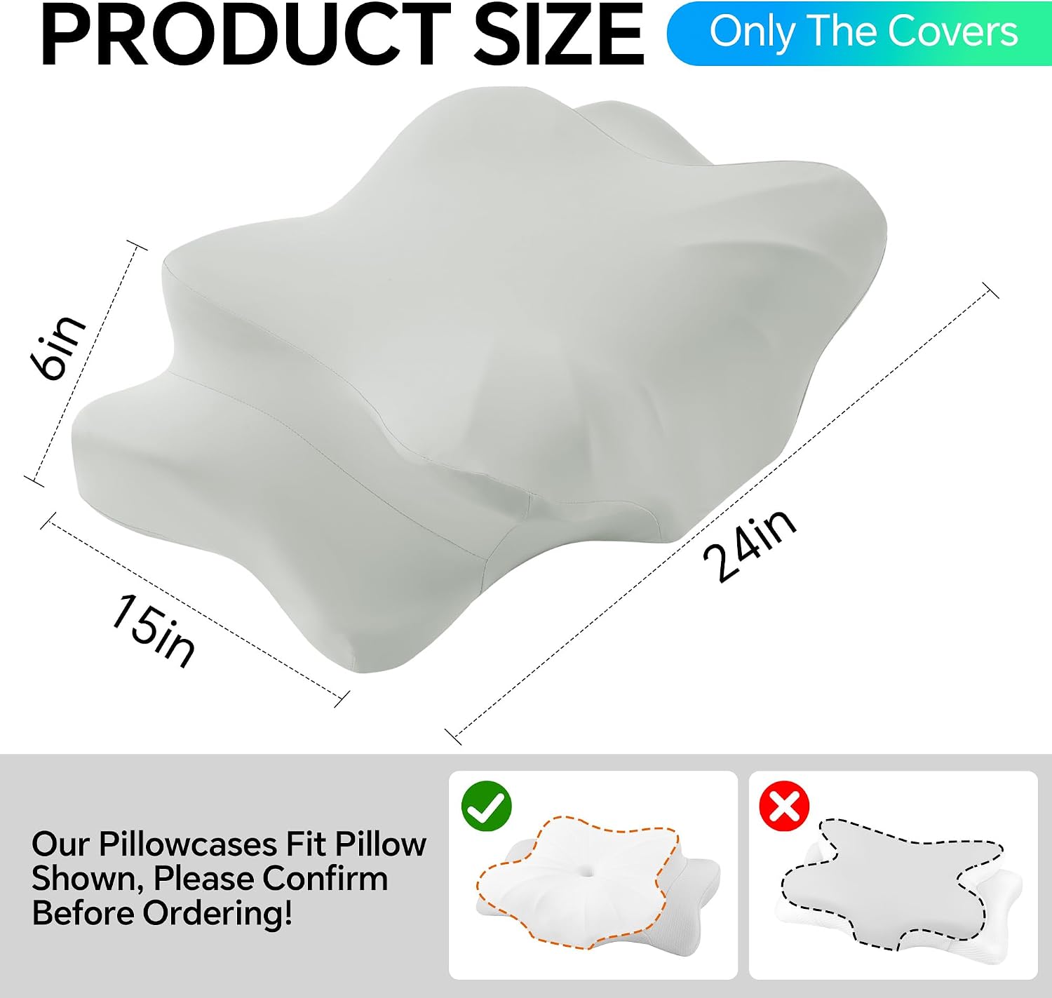 HOMBYS 2Pack Cooling Cervical Pillow Covers (Gray,24 * 15 * 6in) | Butterfly-Shaped Contour Pillow Cover with Zipper, Cervical Neck Pillow Case for Side Back Stomach Sleepers Gray 24*15*6in