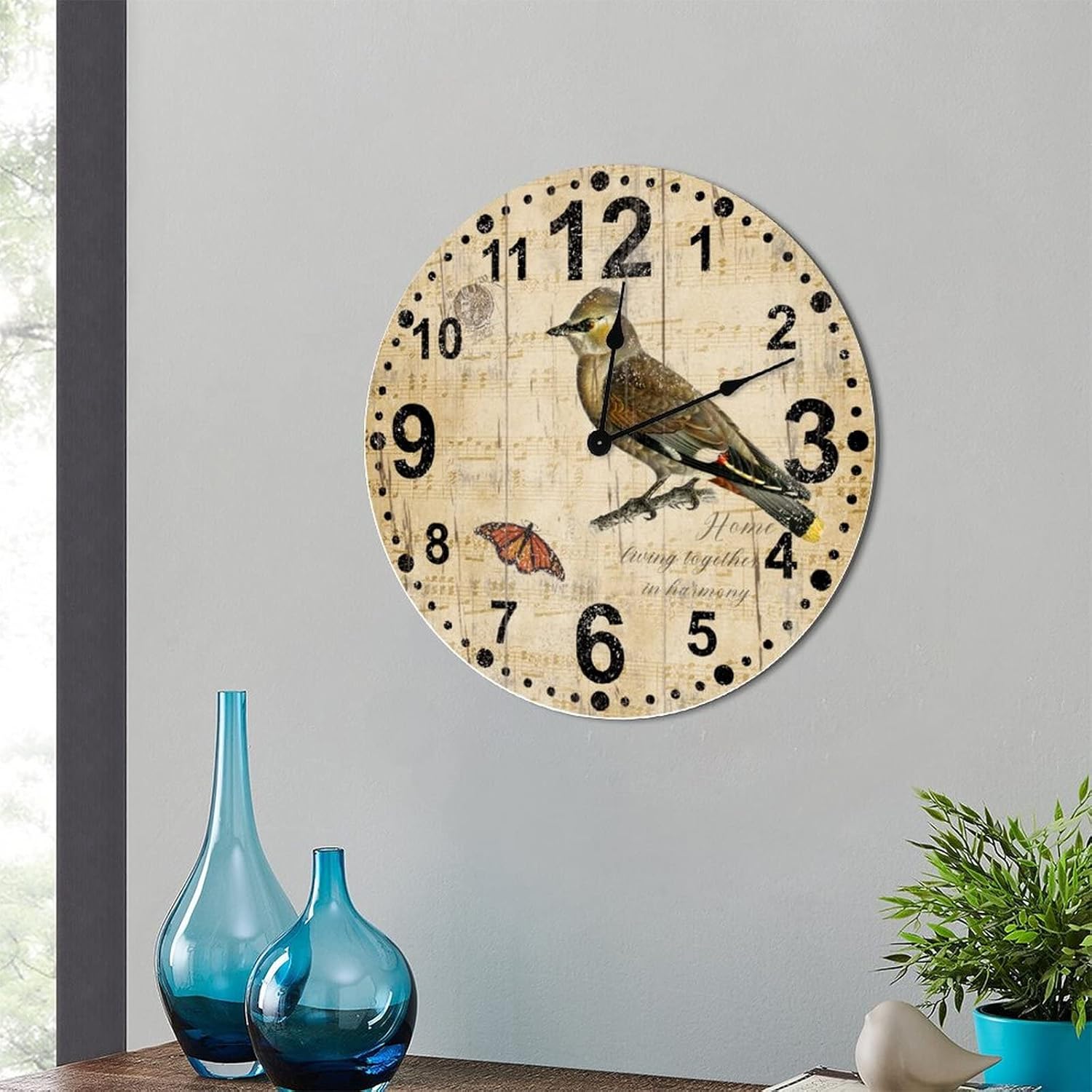 Vintage Bird Wall Clock Rustic 12 Inch Silent Battery Operated Round Decoration Quiet Classic Quartz Arabic Numerals Wall Art Clocks for Bedroom Farmhouse Kitchen Nursery Room