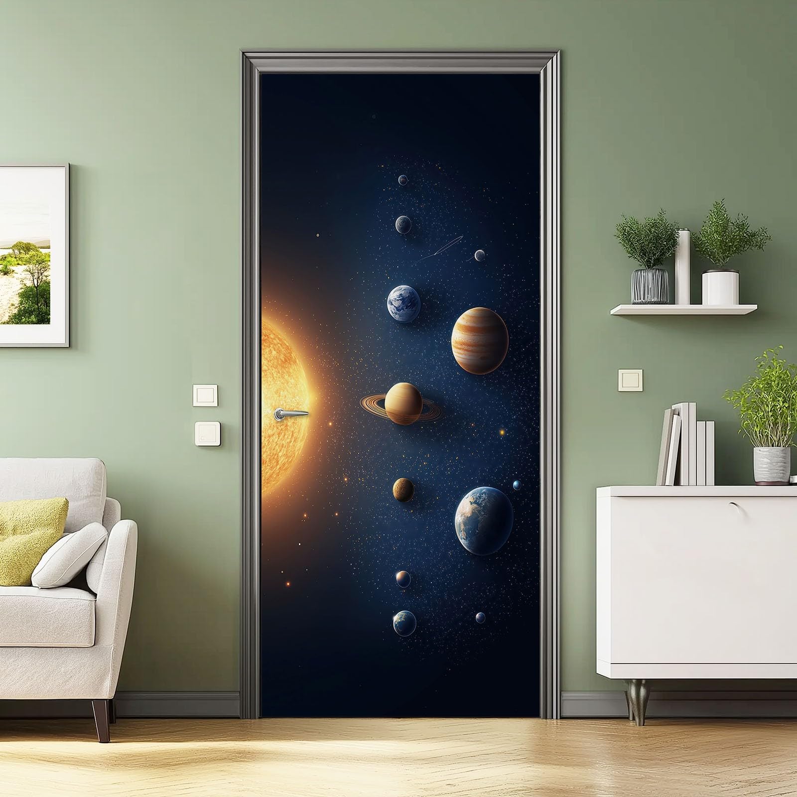Kosmos Planeta Układ Słoneczny Wzór Naklejka na Drzwi, Wodoodporna Naklejka PCV Galaktyka Wszechświat Dekoracja, Samoprzylepna Naklejka Na Drzwi Ciemnoniebieski, 90x200 cm
